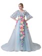 Light Blue Tulle Zipper Evening Dress Half Sleeves With Train Court Train Hand Made Flower