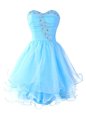 Shining Ruffled A-line Prom Gown Aqua Blue Sweetheart Organza Sleeveless Mini Length Lace Up