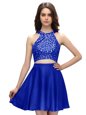 Latest Scoop Sleeveless Mini Length Beading Zipper Club Wear with Royal Blue