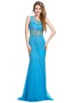 Vintage One Shoulder Beading Prom Party Dress Baby Blue Zipper Sleeveless With Brush Train