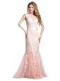 Beautiful Scoop Cap Sleeves Brush Train Zipper Prom Evening Gown Pink Tulle