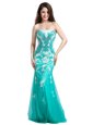 Mermaid Sleeveless Floor Length Beading and Appliques Zipper Prom Evening Gown with Turquoise