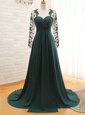 Teal Satin Zipper Mother Of The Bride Dress Long Sleeves With Train Lace