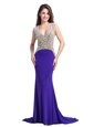 Hot Sale Sleeveless With Train Beading Backless Prom Gown with Purple Brush Train
