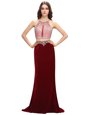 Scoop Burgundy Elastic Woven Satin Criss Cross Celebrity Style Dress Sleeveless With Train Sweep Train Beading and Appliques