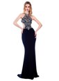 Fantastic With Train Navy Blue Prom Dresses High-neck Sleeveless Sweep Train Criss Cross