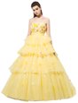 Suitable Sleeveless With Train Ruffled Layers and Hand Made Flower Lace Up Homecoming Dress with Yellow