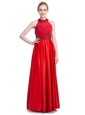 Halter Top Sleeveless Prom Party Dress Floor Length Beading Red Taffeta