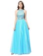 Scoop Aqua Blue Sleeveless Floor Length Beading Zipper Homecoming Dresses