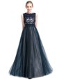 Great Floor Length Navy Blue Homecoming Gowns Scalloped Sleeveless Zipper