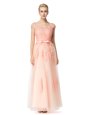 Peach Scoop Neckline Lace Prom Party Dress Cap Sleeves Zipper