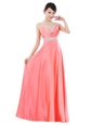Exceptional V-neck Sleeveless Dress for Prom Floor Length Beading Watermelon Red Elastic Woven Satin
