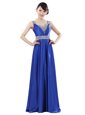 Wonderful Royal Blue Empire V-neck Sleeveless Elastic Woven Satin Floor Length Zipper Beading Homecoming Dress