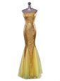 Mermaid Sequined Strapless Sleeveless Zipper Sequins Celebrity Dress in Gold