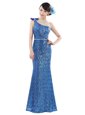 Blue Column/Sheath One Shoulder Sleeveless Sequined Floor Length Zipper Sequins Prom Party Dress
