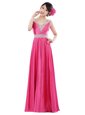 Hot Pink Zipper V-neck Beading Prom Evening Gown Elastic Woven Satin Sleeveless