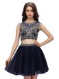 Amazing Navy Blue Scoop Neckline Beading Prom Gown Sleeveless Criss Cross