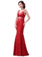 Sequins Floor Length Column/Sheath Sleeveless Red Prom Evening Gown Zipper