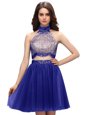 Blue Chiffon Zipper Prom Gown Sleeveless Mini Length Beading