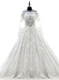 Lace White Wedding Dresses Wedding Party and For with Appliques Scoop Long Sleeves Court Train Zipper