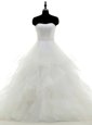 White A-line Strapless Sleeveless Organza Floor Length Clasp Handle Beading and Ruffles Bridal Gown