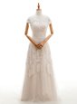 Romantic Lace Scoop Cap Sleeves Court Train Clasp Handle Appliques Wedding Dress in Champagne