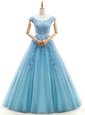 Spectacular Floor Length Baby Blue Wedding Gowns V-neck Cap Sleeves Lace Up