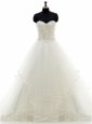 Dramatic White Ball Gowns Sweetheart Sleeveless Organza With Brush Train Lace Up Beading and Ruffles Wedding Dress