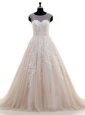 Beautiful Scoop Peach Cap Sleeves Brush Train Lace and Appliques With Train Wedding Dress