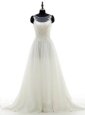 Cheap White Clasp Handle Scoop Lace Wedding Dress Chiffon Sleeveless Brush Train