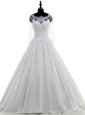 Elegant Scalloped White 3|4 Length Sleeve Chiffon Brush Train Zipper Wedding Gown for Wedding Party