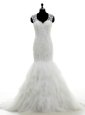 Mermaid With Train White Wedding Gown V-neck Sleeveless Brush Train Clasp Handle