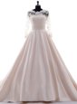 Fancy Pink Clasp Handle Scalloped Beading and Lace Wedding Gown Satin 3|4 Length Sleeve Brush Train
