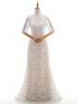 Extravagant White Scoop Neckline Lace Wedding Dress Half Sleeves Clasp Handle