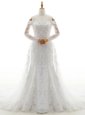 High Quality Off the Shoulder Long Sleeves Lace With Brush Train Lace Up Wedding Dress in White for with Beading and Lace