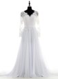 Sweet White V-neck Neckline Lace Bridal Gown Long Sleeves Backless