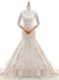 Mermaid Lace Ruffled With Train White Wedding Dress High-neck 3|4 Length Sleeve Court Train Clasp Handle