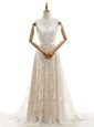Champagne Empire V-neck Sleeveless Lace With Train Chapel Train Zipper Lace Bridal Gown