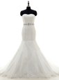 Low Price Mermaid With Train White Wedding Gowns Sweetheart Sleeveless Brush Train Lace Up