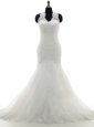 Glorious White Column/Sheath Tulle Square Half Sleeves Lace With Train Zipper Bridal Gown Brush Train