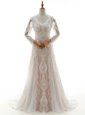 V-neck Long Sleeves Wedding Dress With Brush Train Lace White Lace