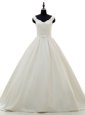 Elegant White Zipper V-neck Lace and Belt Bridal Gown Satin Sleeveless Brush Train