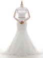 Pretty Scoop Lace With Train Mermaid Long Sleeves White Bridal Gown Brush Train Clasp Handle