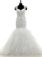 Vintage Mermaid Cap Sleeves With Train Beading and Lace and Ruffles Clasp Handle Wedding Dress with White Brush Train