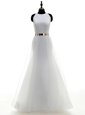 White Column/Sheath Organza Scoop Sleeveless Ruching and Belt Floor Length Zipper Wedding Dresses