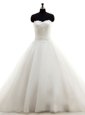 Super White Sleeveless Sweep Train Beading and Lace With Train Wedding Dress