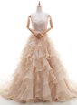Best Selling Sleeveless Brush Train Lace and Ruffled Layers Lace Up Wedding Dress