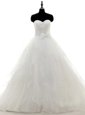 White A-line Sweetheart Long Sleeves Satin and Organza With Train Sweep Train Zipper Pick Ups Wedding Dresses