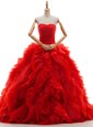 Perfect Red Tulle Lace Up Bridal Gown Sleeveless Brush Train Ruffles and Ruching