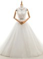Edgy Brush Train Ball Gowns Wedding Gown White Scoop Tulle Sleeveless With Train Clasp Handle